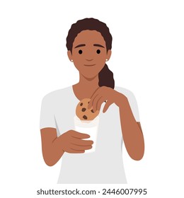 Young black woman hold glass of milk with cookie. Flat vector illustration isolated on white background