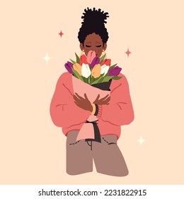 Young black woman holding bunches of blooming flowers. African girl character with bouquet of tulips. Love, birthday, romantic concept. Vector flat illustration for gift, Women's day, Valentine's Day