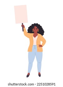 Young black woman holding clean empty banner or placard. Activism, social movement. Democracy, rally and protest. Vector illustration in flat style