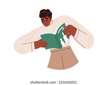 Young black woman holding open paper book. Happy excited girl reading modern literature. Person, passionate reader, bookworm learning, studying. Flat vector illustration isolated on white background