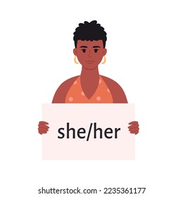 Young black woman holding sign with gender pronoun. She, he, they, non-binary. Gender-neutral movement. LGBTQ community. Hand drawn vector illustration