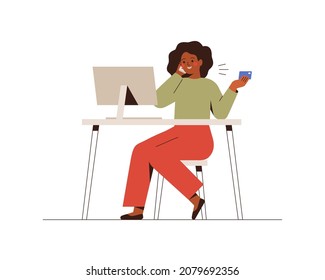 Young black woman holds a credit card in her hand and talks phone.  African American female uses a system of online payments. E-commerce and online shopping concept. Vector illustration