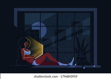 Young black woman at home lying on the windowsill and working on computer. Big city silhouette on background. Remote working, home office, self isolation concept. Flat style illustration