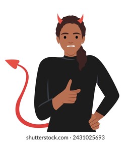 Young black woman with horns and devil tail screams and points with finger, scolding and threatening opponent. Flat vector illustration isolated on white background