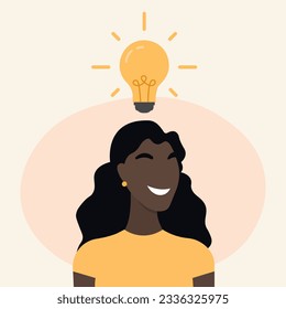 Young black woman and lamp bulb. In a flat style on the theme of inspiration with an idea. Vector illustration.