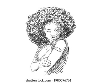 Young black woman looking her arm after receiving vaccine shot, Vector sketch, Afro female with bandage on her arm, Hand drawn black and white graphics, Vaccinated people illustration
