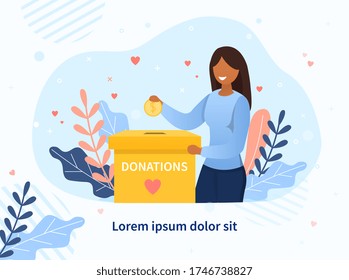 Young black woman making a charitable donation placing a gold coin into a charity box with copy space below, colored vector illustration