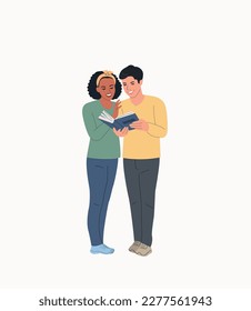 Young Black woman and man in full height reading book isolated. Vector flat illustration