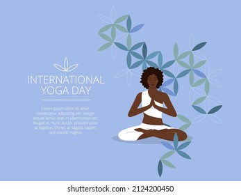 A young black woman meditates in the lotus position. Banner or poster concept with text template. International yoga day. Color vector illustration.