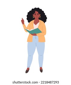 Young black woman in office outfit with file folder or book. Business Woman. Teacher, entrepreneur, office worker. Stylish fashionable look. Hand drawn vector illustration