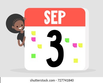 Young black woman peeking out from behind the tear-off calendar sheet / office daily routine / planning the day / flat editable vector illustration, clip art
