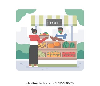 A young black woman people buy and shopping a healthy organic fruits to support small business in the middle of coronavirus covid-19 pandemic illustrations