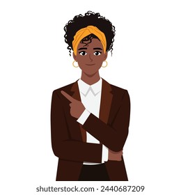 Young black woman pointing finger at copy space. Flat Vector Illustration Isolated on White Background