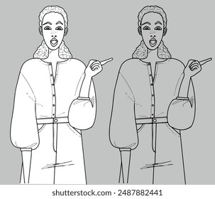 young black woman pointing finger to the side surprise shock open mouth wide eyes vector line drawing