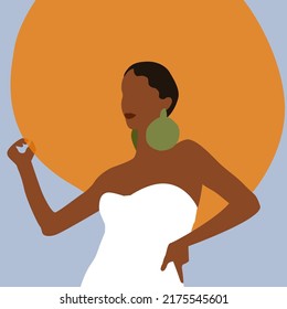 Young black woman Woman portrait in big orange hat and white dress. Flat vector illustration on blue background