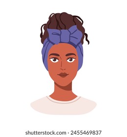 Young black woman portrait, curly hair bun, hairstyle with headband bow. Modern fashion female character, face avatar, stylish look. Flat graphic vector illustration isolated on white background