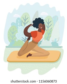 Young black woman is practicing yoga outdoor on the nature. Girl is sitting in a Pigeon exercise-pose in the park. She has a Afro hairstyle. Vector cartoon illustration in modern concept