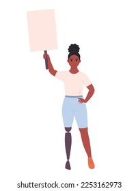 Young black woman with prosthetic leg holding clean empty banner or placard. Activism, social movement. Democracy, rally and protest. Person with physical disability. Vector illustration in flat style