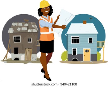 Young black woman in a protective gear showing a blueprints standing in front of a house before and after renovation, EPS 8 vector illustration
