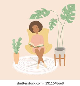 Young black woman reading a book on a chair surrounded indoor plants. Vector illustration