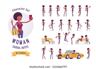 Young black woman ready-to-use character set. Millennial slim girl with afro hair speaks on phone, shopping, taking selfie, driving yellow cabriolet. Full length, different views, gestures, emotions