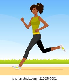 young black woman running, with simple park background. Beautiful African American girl in sport fashion, jogging. Healthy lifestyle illustration. Cartoon character.