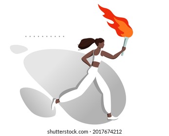 A young black woman runs with a burning torch. Sports games and competitions. Peaceful fire is a symbol of freedom, equality, brotherhood,  justice. Flat cartoon vector illustration.