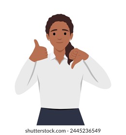 Young black woman showing thumbs up and thumbs down, difficult choose. Flat vector illustration isolated on white background