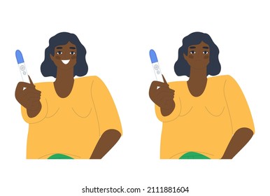 A young black woman shows a positive pregnancy test. Emotion of joy, emotion of sadness. Unplanned pregnancy. Flat vector illustration