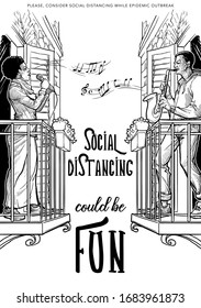 Young black woman singing and young white man playing saxophone standing on a balkony. Poster in support of social distancing. Linear sketch style drawing isolated on white background. EPS10 vector.
