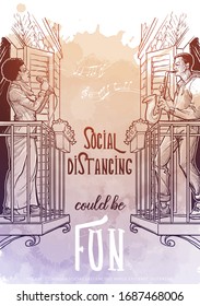 Young black woman singing and young white man playing saxophone standing on a balkony. Poster in support of social distancing. Linear sketch style drawing on watergolor background. EPS10 vector.