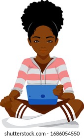 A young black woman sits cross legged reading a table computer.