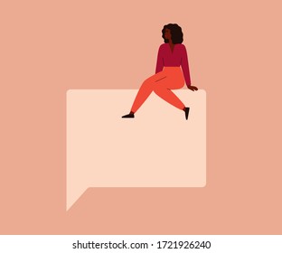Young black woman sits on a big speech square bubble. Free speech concept. Vector illustration