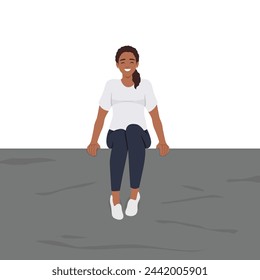 Young black woman sitting alone on a ledge or edge of wall or cliff. Flat vector illustration isolated on white background