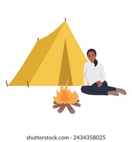 Young black woman sitting near campfire at campsite. Flat vector illustration isolated on white background