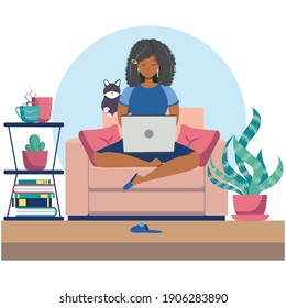 Young black woman sitting on chair with laptop computer in cozy room. Daily life of freelance worker, everyday routine. Flat cartoon