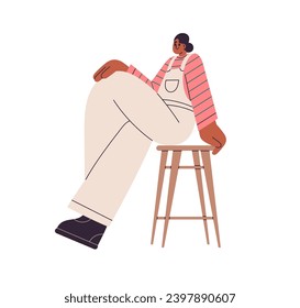 Young black woman sitting on stool, posing for photo shoot. Modern female model in seated position on chair. Girl crossing legs, leaning on hand. Flat vector illustration isolated on white background