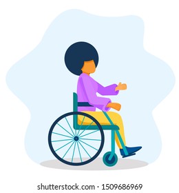 Young black woman sitting in wheelchair. African American girl raised empty hands, living with disability, equal opportunities concept  Cartoon vector illustration isolated on blue stain background.