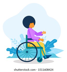 Young black woman sitting in wheelchair. African American woman living with disability, equal opportunities concept. Handicapped character.  Vector illustration.