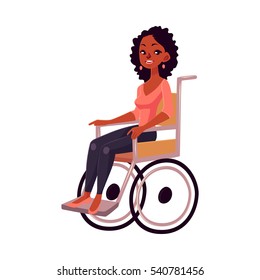 Young black woman sitting in wheelchair, cartoon vector illustration isolated on white background. African American woman sitting in wheelchair, living with disability, equal opportunities concept