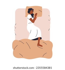 Joven negra durmiendo, vista superior. Niña afroamericana tendida a un lado, relajada, soñando en la cama. Dormir persona en almohada, colchón. Ilustración vectorial plana aislada en fondo blanco