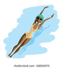 Young black woman in sports swimsuit swims in the pool at the backstroke. Flat cartoon isolated vector illustration