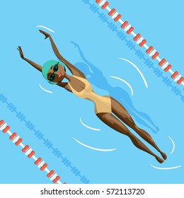 Young black woman in sports swimsuit swims in the pool at the backstroke. Flat cartoon vector illustration