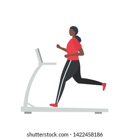 Young black woman in a sporty uniform is running on a treadmill. People icon. Funny flat style. Vector illustration.