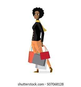 Young black woman standing with shopping bags on Black Friday, the day before Christmas. Cartoon style vector illustration isolated on white background