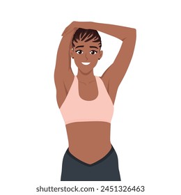 Young black woman stretching her arms and preparing for workout. Flat Vector Illustration Isolated on White Background