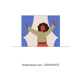 Young black woman stretching near the open window and breathing fresh air. Happy female person doing relaxation exercises at home in the morning. Vector illustration