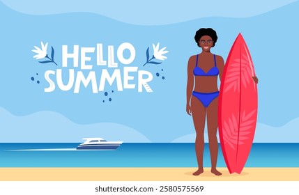 Young black woman surfer with surfboard standing on the beach. Seashore and Hello Summer lettering. Concept of adventure, journey, summer trip. Vector Illustration