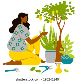 A young black woman takes care of houseplants. Sprays and trims old leaves. Woman enjoys her hobby. Home gardening and growing houseplants. Flat style isolated on white background. Vector illustration