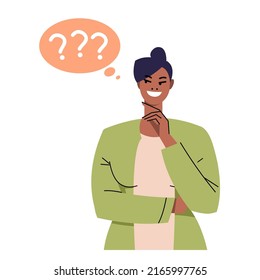 Young black woman thinking. Bubble of thoughts with question marks. Business woman ponders. The concept of thinking, solving business problems. Smiling character thinks about life, relationships. Flat